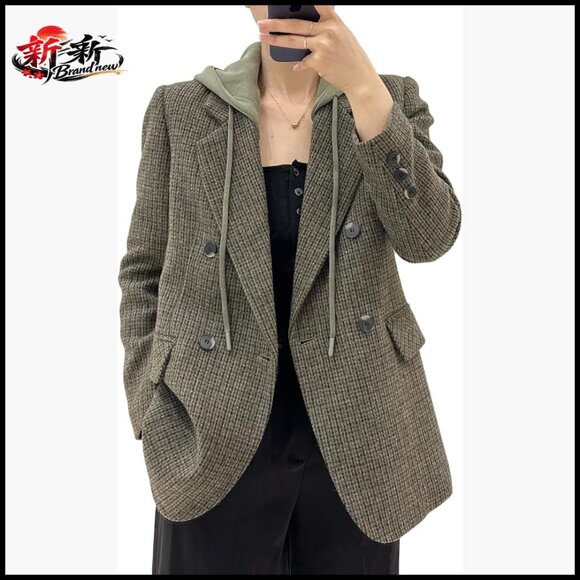 Oversized Hooded Blazer Jacket Double-Breasted Loose Fit Polyester Blend